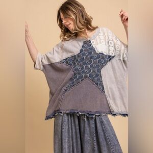 Blue Velvet-Bohemian Denim and Lace Patchwork Star Blouse